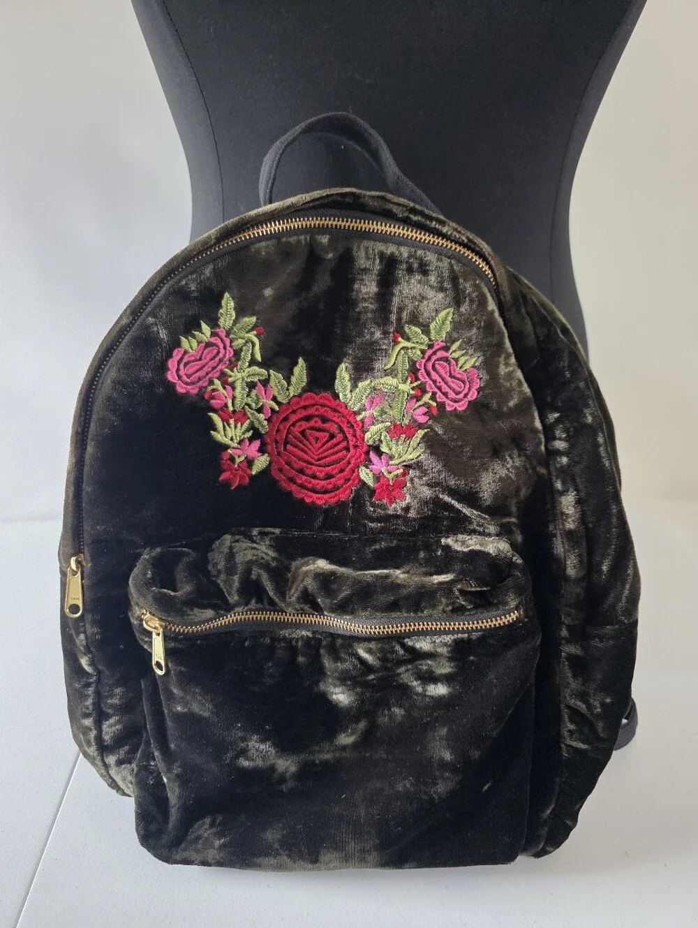 World Market Velvet Backpack Floral Embroidery Zip Pockets Plush Wearable Art
